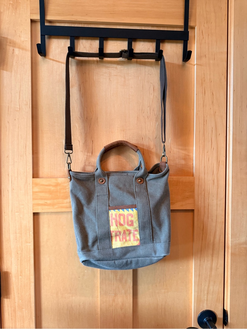 one of a kind bag green/Gray Canvas Crossbody Tote with Multicolor Patch